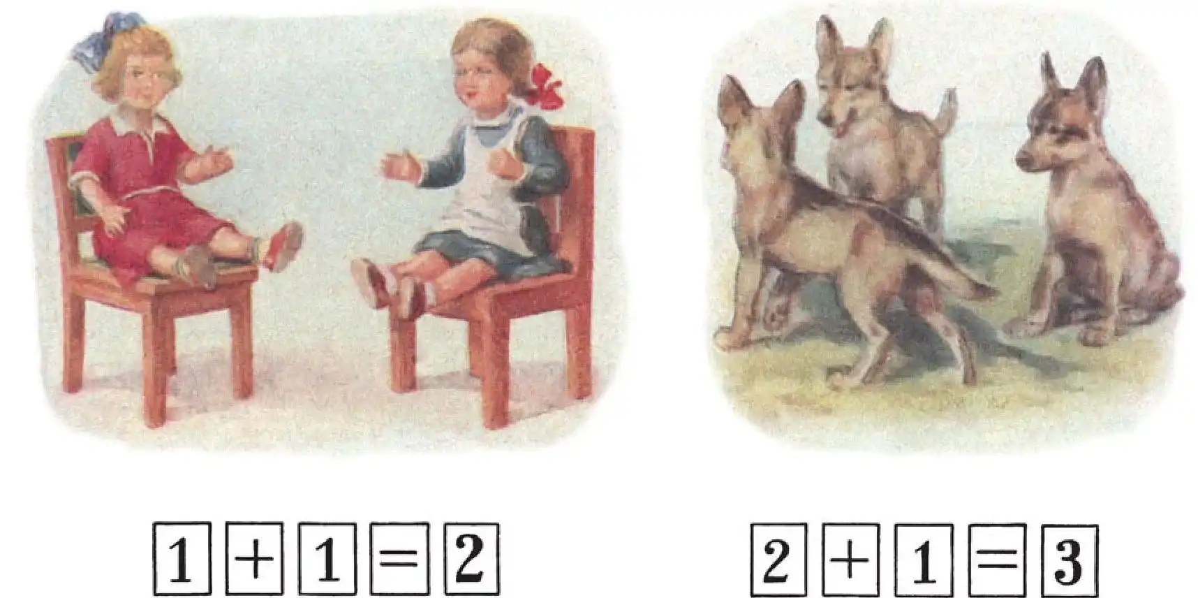 2 dolls on a stool and 3 puppies